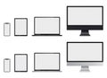 Realistic set of computer monitor, laptop, tablet and smartphone with transparent screens for infographics or presentation. Royalty Free Stock Photo